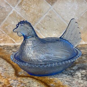 Vintage Blue Glass Hen on Nest Candy Dish
